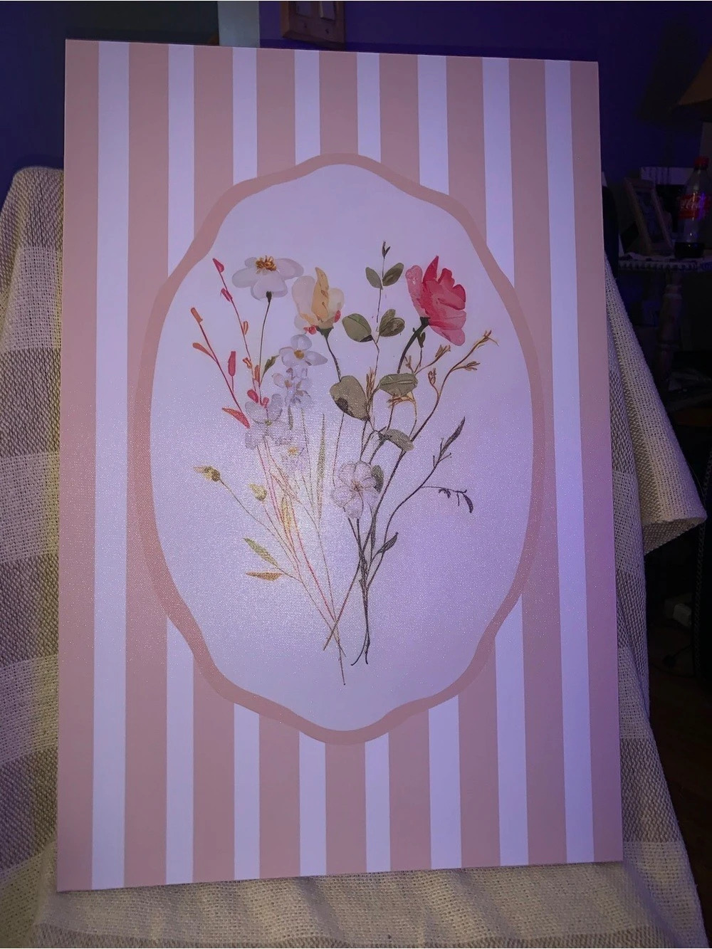 Floral Striped Canvas Wall Art in Pink & White. 16x24